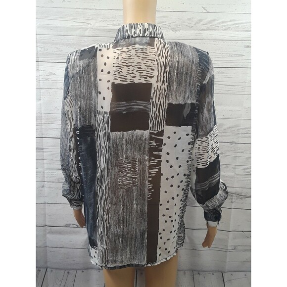 Seasuns Blouse Top Sheer Black White Sz S Long Sleeve Button Front Color block - Picture 3 of 11